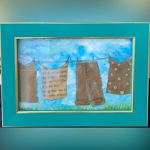 “A Cup of Sugar” Signed original watercolor painting w/collage, framed, 5.5x7.5”